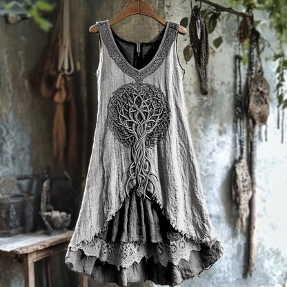 Tribal Tree Of Life Lace Patchwork Art Linen Tank Dress artswardrobe