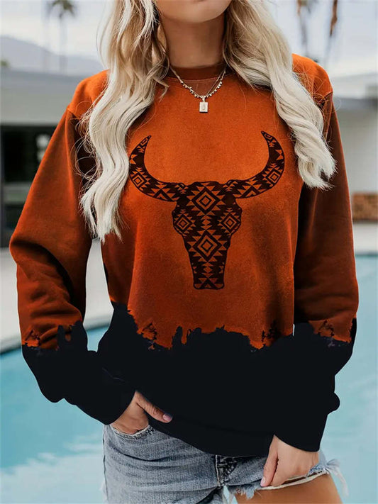 Comstylish Vintage Bull Head Print Women's Crew Neck Sweatshirt