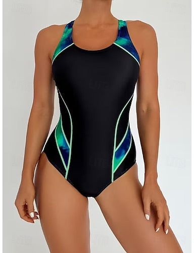 One Piece Swimsuit Slimming Monokini Tummy Control High Waist Slim Backless Vacation Ombre Graphic U Neck Sleeveless Bathing Suits