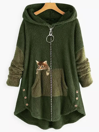 LM | Cozy fleece hooded jacket with adorable cat print