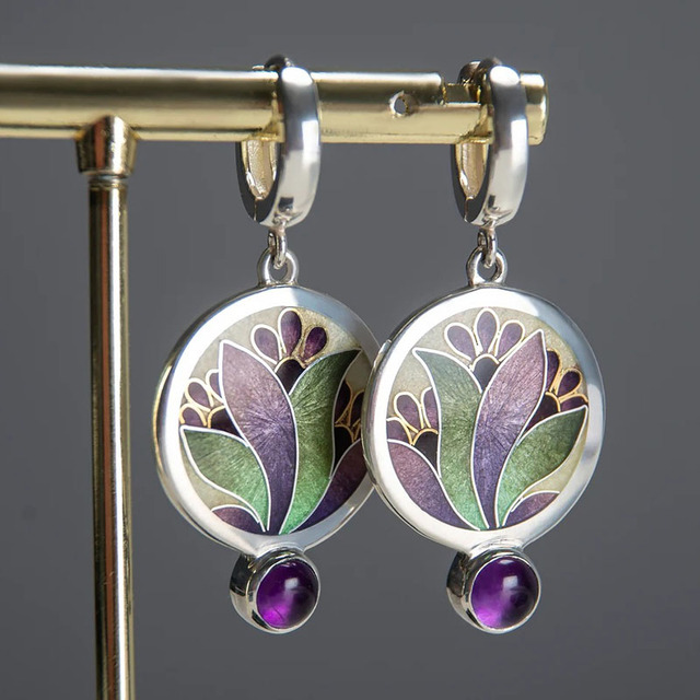 Silver Earrings With Purple Crystals