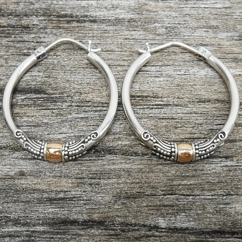 Silver Carved Pattern Hoop Earrings