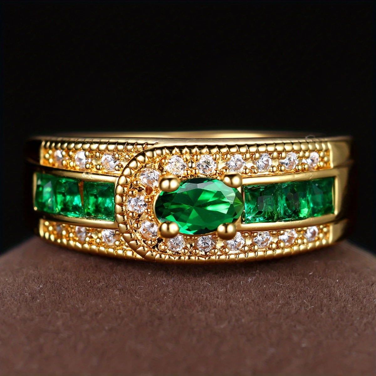 Gold Ring With Cubic Zirconia and Green Stones