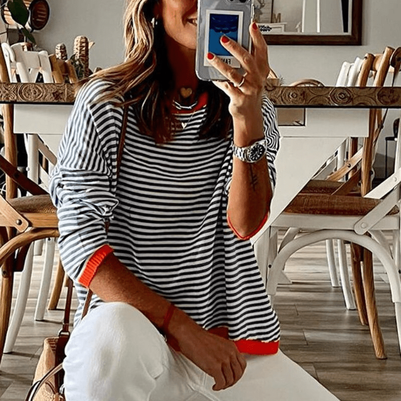 LM | Blue striped sweater with orange trim