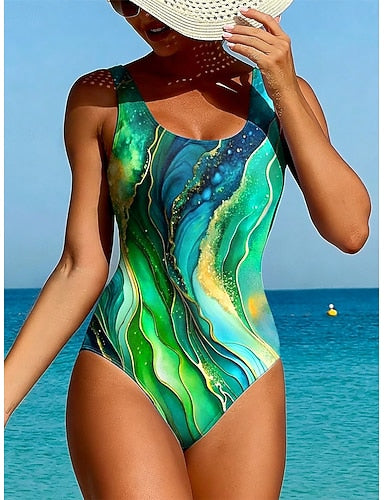Swimwear One Piece High Cut Swimsuit Beach Wear Summer Graphic Geometic U Neck Sleeveless Bathing Suits