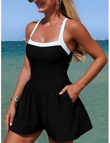 Swimwear One Piece Swim Dress Swimsuit Tummy Control High Waist Slim Backless Vacation Beach Wear Color Halter Neck Sleeveless Bathing Suits