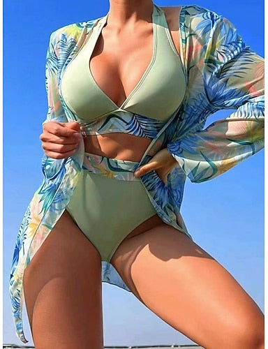 Bikini 3 Piece Swimsuit Palm Briefs Slim Backless Vacation Beach Wear Leaves Halter Neck Sleeveless Bathing Suits