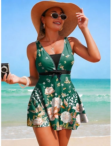Tankini 2 Piece Swimsuit With Skirt Skirt Backless Vacation Beach Wear Graphic V Neck Sleeveless Bathing Suits