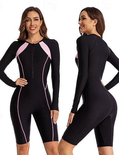 Rash Guard One Piece Swimsuit Patchwork Front Zip Spandex Uv Sun Protection Upf50+ Quick Dry Long Sleeve Bodysuit Bathing Suit Surfing Beach Water Sports Summer