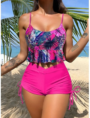 Tankini 2 Piece Swimsuit Ruched Palm Shorts Tummy Control High Waist Slim Backless Vacation Beach Wear Scoop Neck Sleeveless Bathing Suits