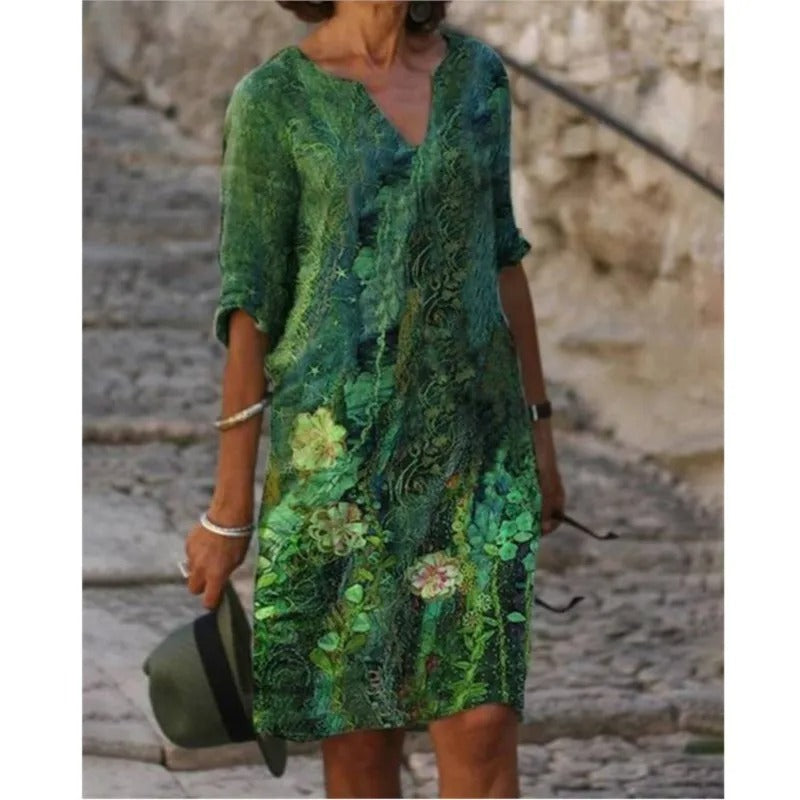 LM | Midi dress with V-neck and floral pattern