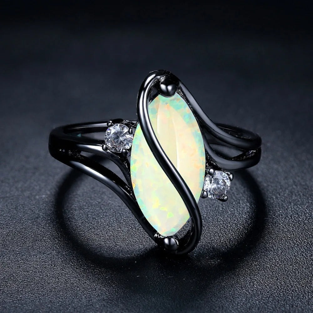 Black Silver Opal & Crystal Accent Ring