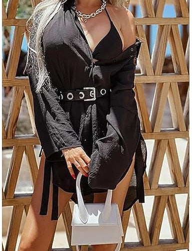 Mini Dress White Dress Beach Dress Black Dress Shirt Dress Classic Batwing Sleeve Daily Outdoor Beach Loose Fit Plain Long Sleeve Shirt Collar Black White Summer Spring