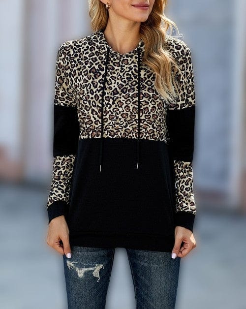 LM | MW Women's black hoodie with drawstring and leopard print