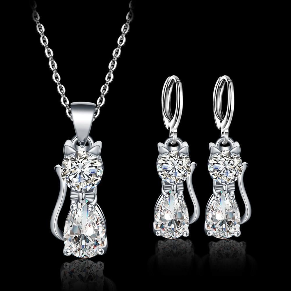Happy Cat Necklace and Earring Set Made of Silver and Polished White Zirconia