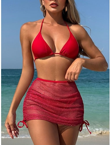 Bikini 3 Piece Swimsuit Underwire Skirt Slim Backless Vacation Beach Wear Color Halter Neck Sleeveless Bathing Suits