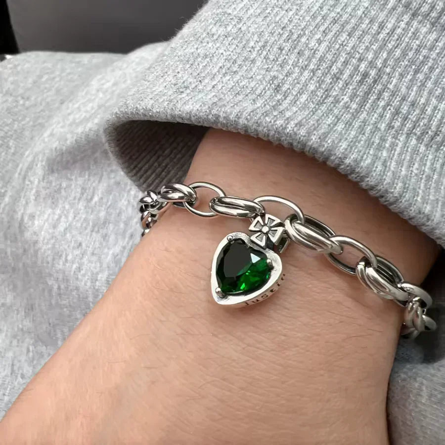 Green Crystal Gemstone Silver Charm Bracelet