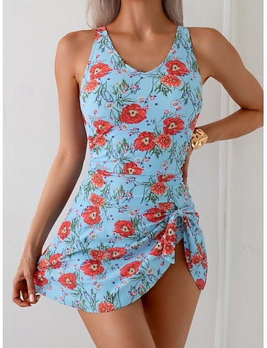 Swimwear One Piece Monokini Swim Dress Burkini Swimsuit Tummy Control High Waist Slim Backless Vacation Beach Wear Graphic V Neck Sleeveless Bathing Suits