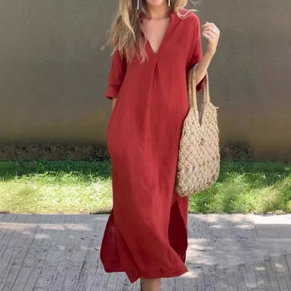 LM | Linen dress with V-neck and pocket