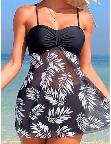 Tankini 2 Piece Swimsuit Cutout Underwire Palm Briefs Tummy Control High Waist Slim Backless Vacation Beach Wear Leaves V Neck Sleeveless Bathing Suits