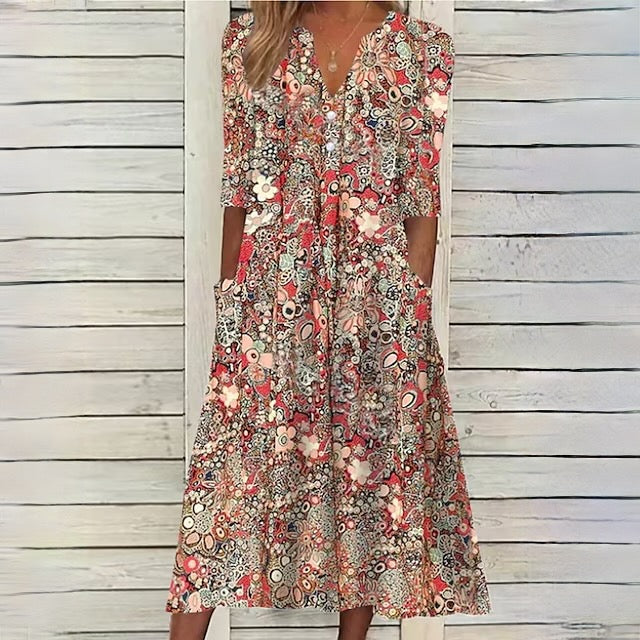 LM | Floral dress with V-neck and side pockets