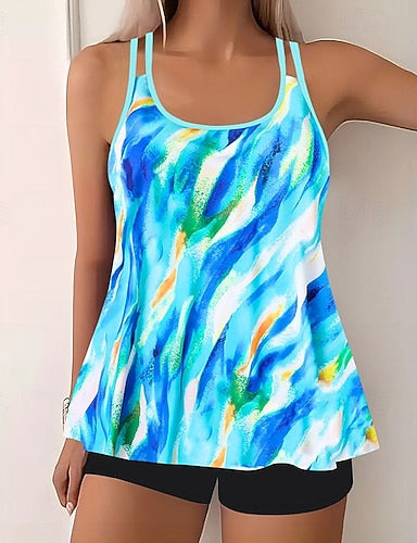 Swimwear 2 Piece Shorts Swimsuit Backless Vacation Beach Wear Graphic U Neck Sleeveless Bathing Suits
