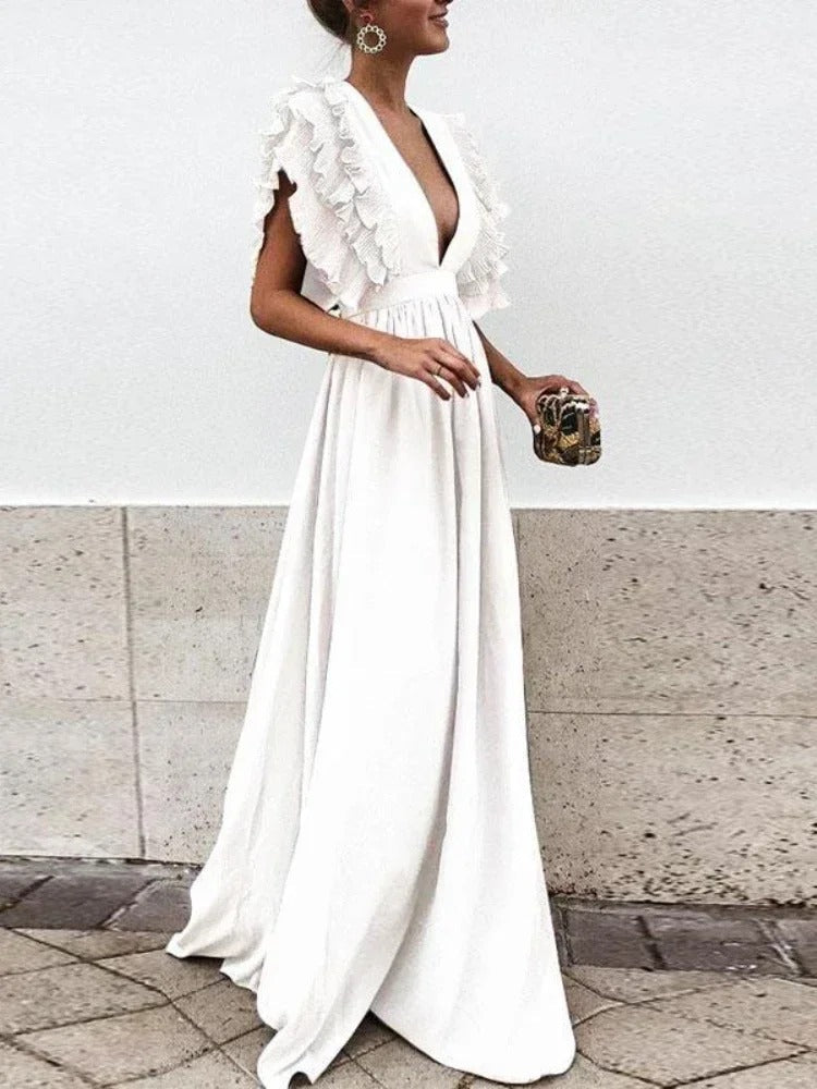 LM | Elegant dress with V-neck and ruffled sleeves