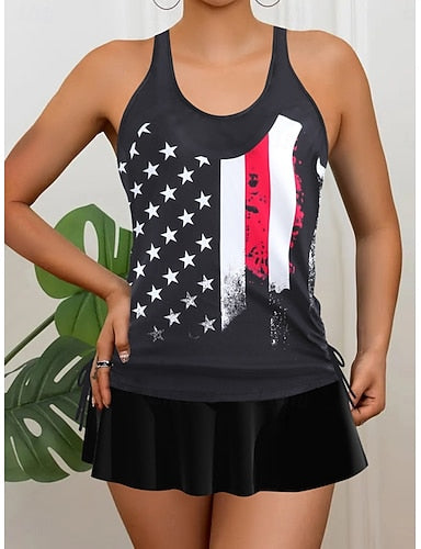 Independence Day Patrioticwomen's Tankini 2 Piece Swimsuit Skirt Tummy Control High Waist Slim Backless Vacation Beach Wear Flag Stripe U Neck Sleeveless Bathing Suits