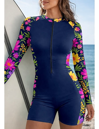 Rash Guard Bathing Suit Athletic Swimwear Tropical Zip Up Removable Pad Front Zip Uv Sun Protection Upf50+ Ultra Light (ul) Long Sleeve Swimwear Sun Shirt Surfing Beach Water Sports