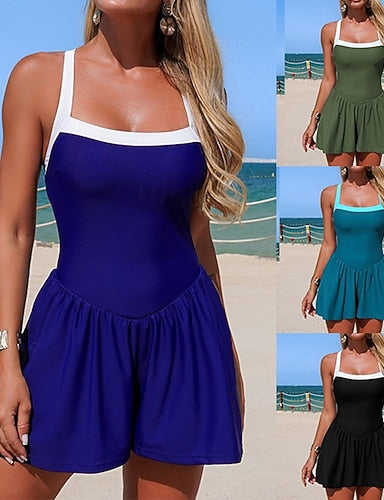 Swim Dress Colored Elastic Sleeveless Swimwear Surfing Beach Vacation Summer