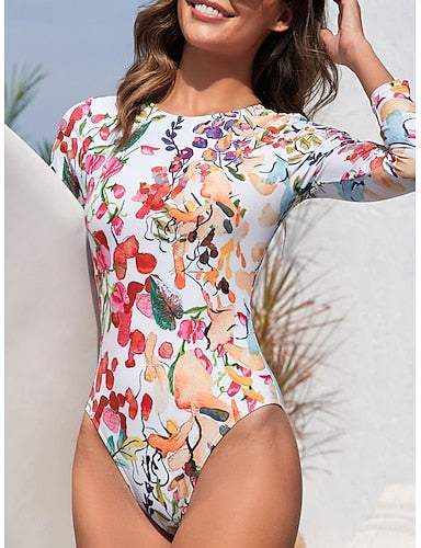 Swimwear One Piece Monokini Swimsuit Tummy Control High Waist Slim Backless Vacation Beach Wear Round Neck Long Sleeve Bathing Suits