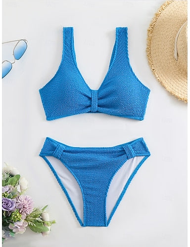 Bikini 2 Piece Swimsuit Ruched Underwire Cheeky Slim Backless Vacation Beach Wear Color V Neck Sleeveless Bathing Suits